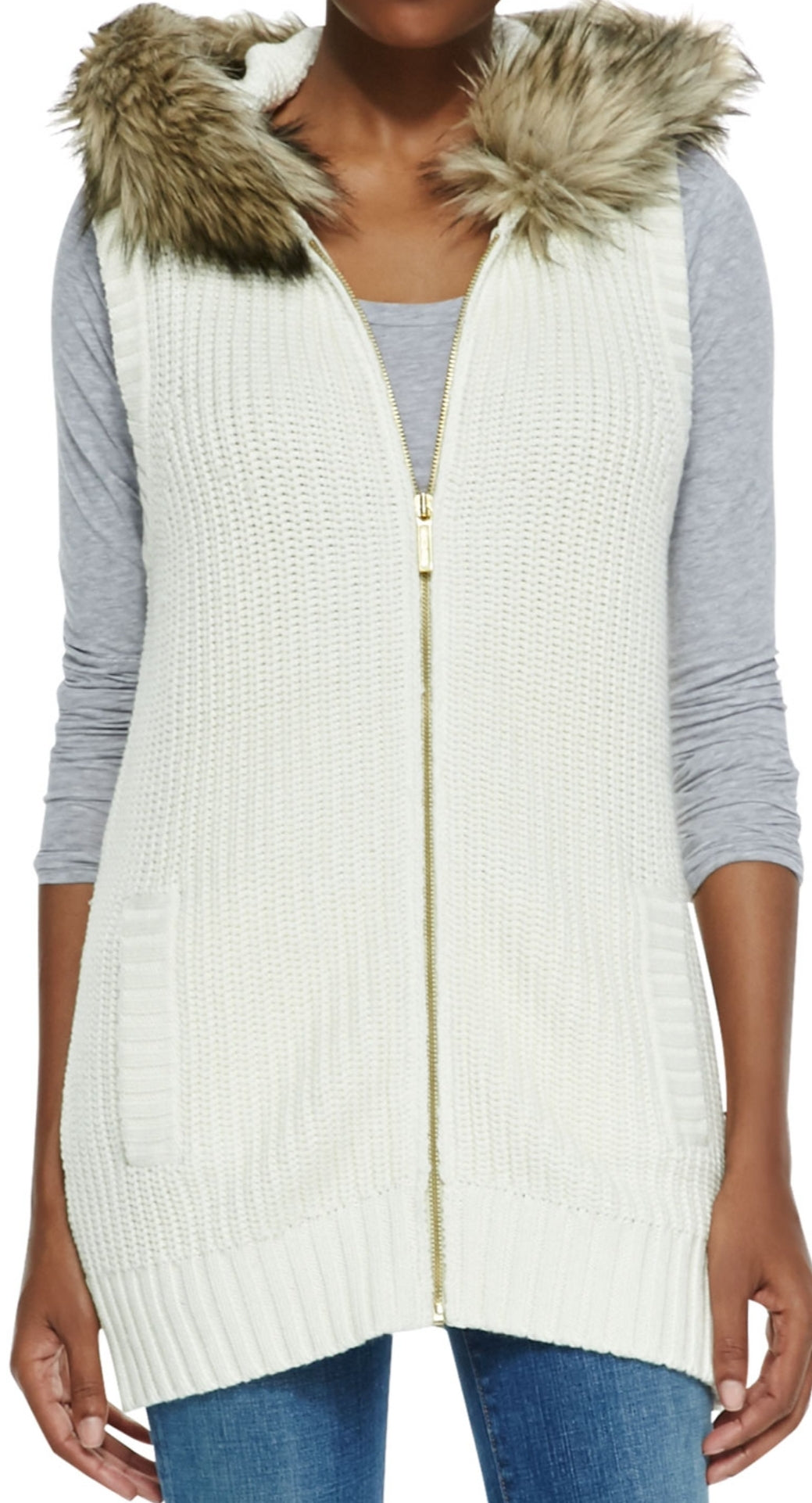 MICHAEL KORS - Faux Fur Trim Knit Vest